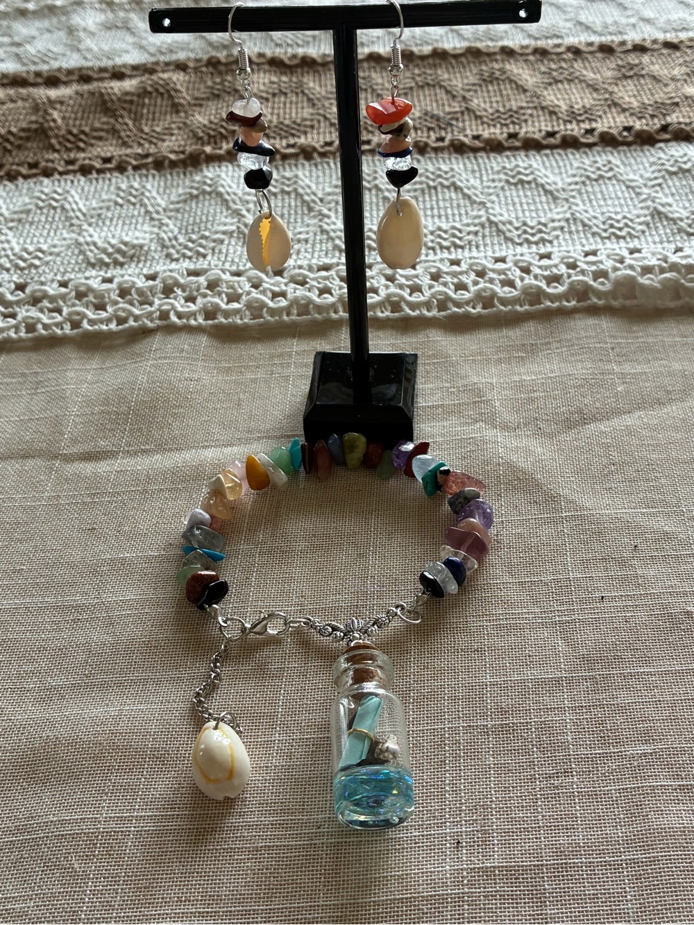 Handmade Multicolor Beaded Shell Bracelet with Glass Bottle Charm and earrings